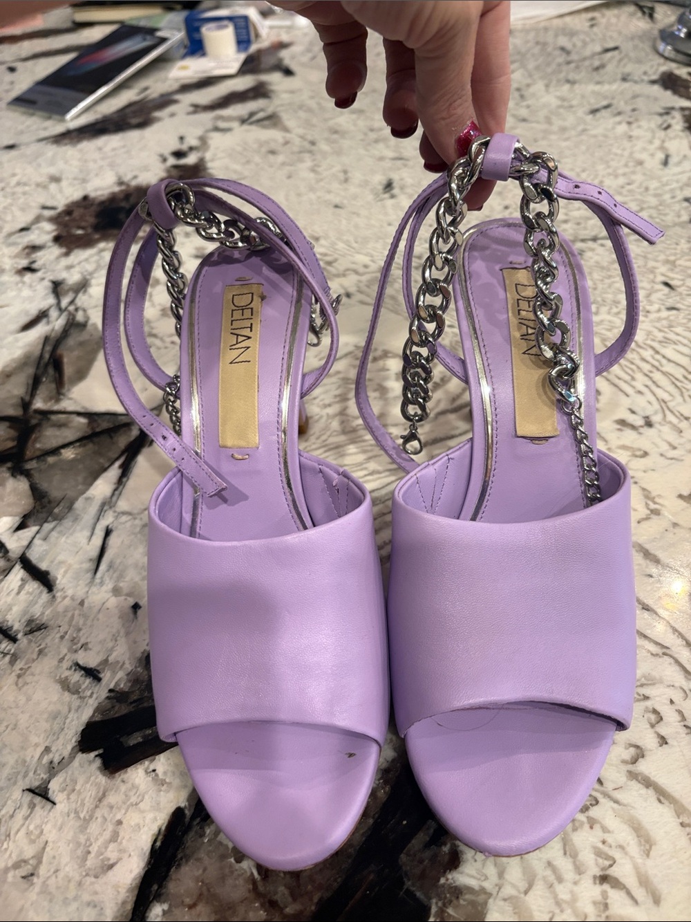 Delta Lavender Open-Toe Heeled Sandals with Silver Chain Strap